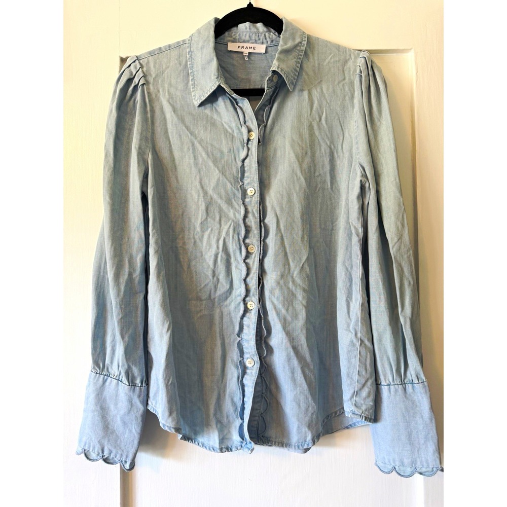 FRAME Chambray Scallop Button Down Shirt Puff Shoulder Tencel Light Blue Size S